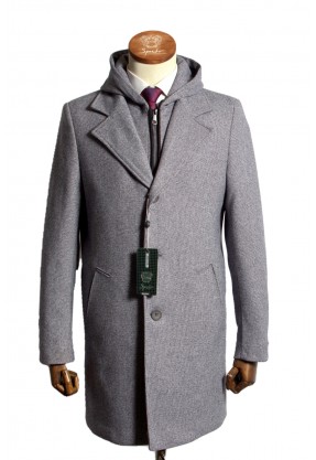 Мужское пальто "Рендал" серое с капюшоном slim fit
