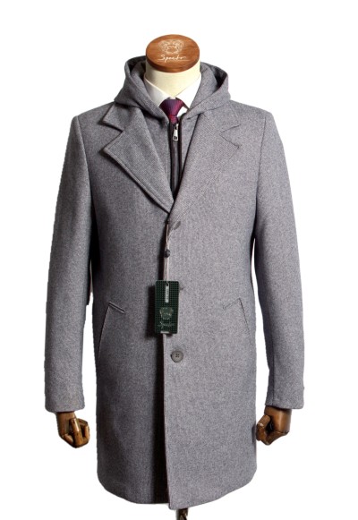 Мужское пальто "Рендал" серое с капюшоном slim fit